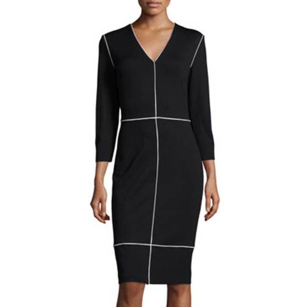 Escada Dondi Long-Sleeve Two-Tone Sheath Dress 36, Black
